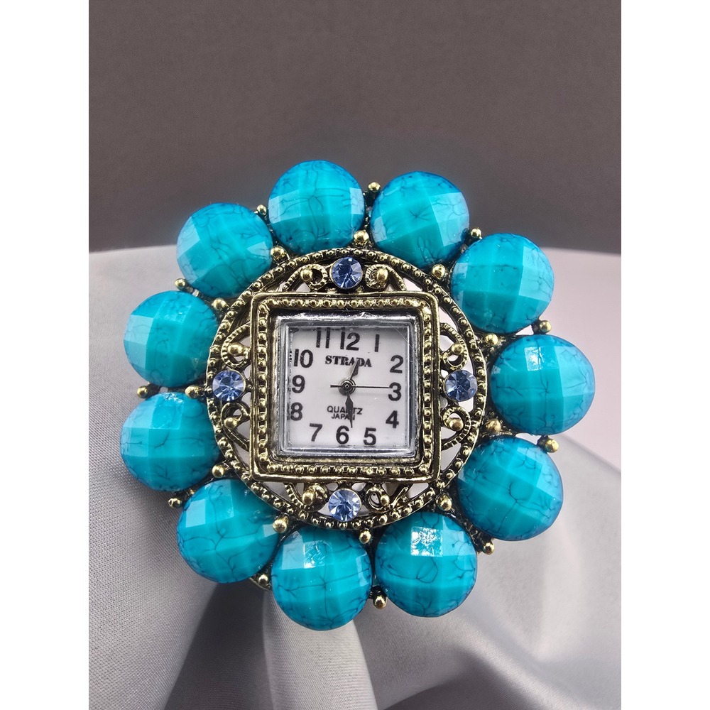 Strada Cuff Watch Turquoise Blue Gold Tone Filigree Hinged Square Face 6.25in